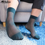 NEW 4Pairs Men's Striped Short Sheer Green Navy Silky Dress Suit Socks 0009